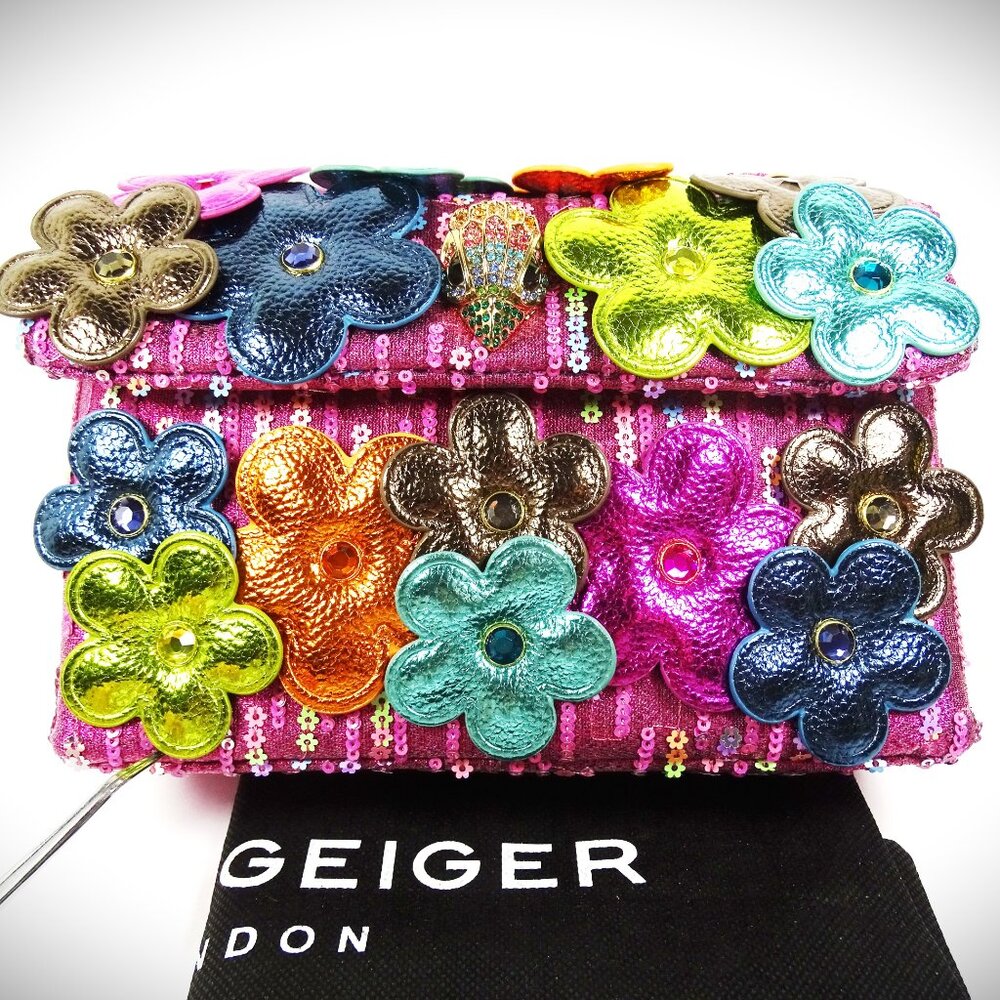 KURT GEIGER LONGON Medium Daisy Kensington Fabric Leather Flowers Sequins Bag